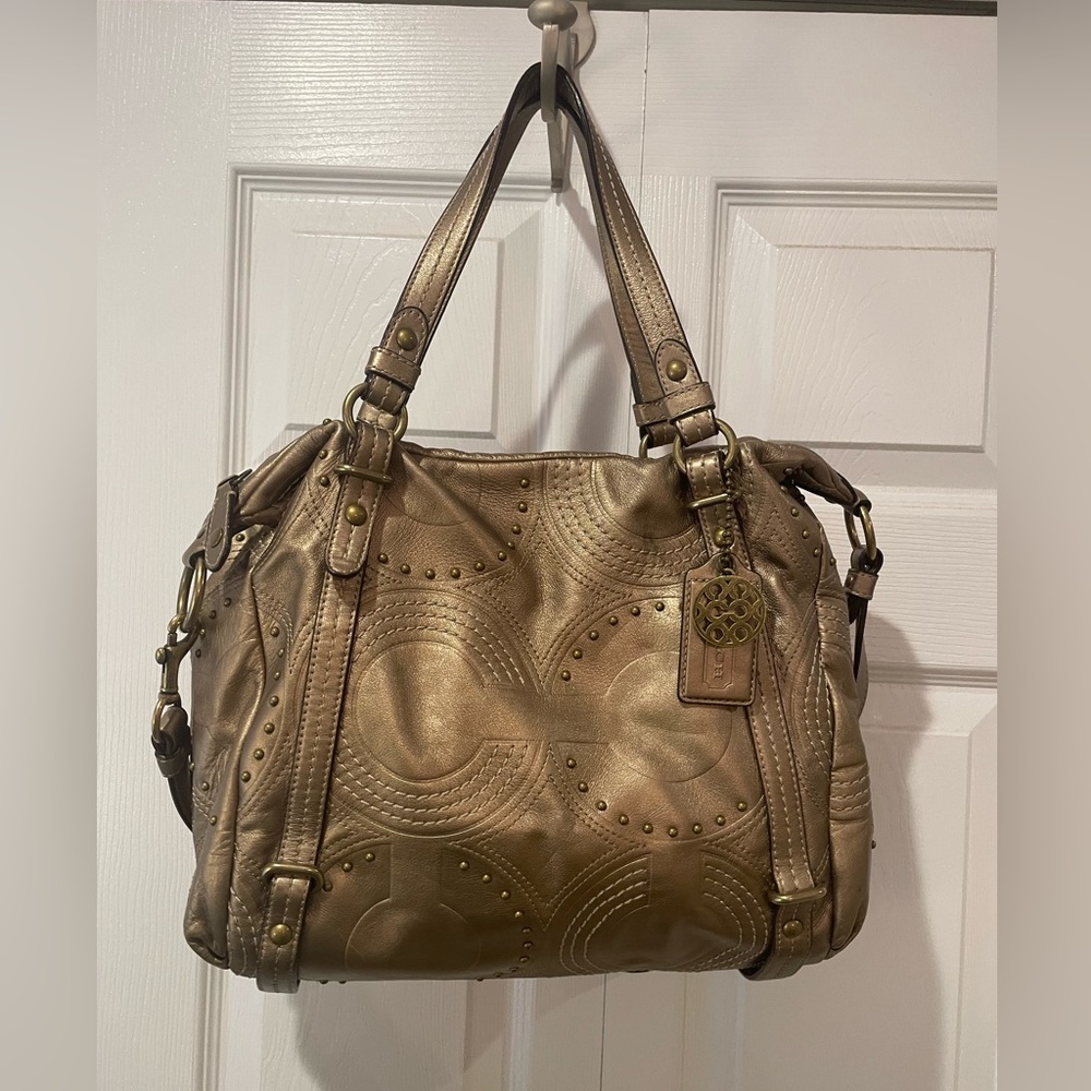COACH SHOULDER BAG, "ALEXANDRA", STUDDED LEATHER, in "CHAMPAGNE GOLD"